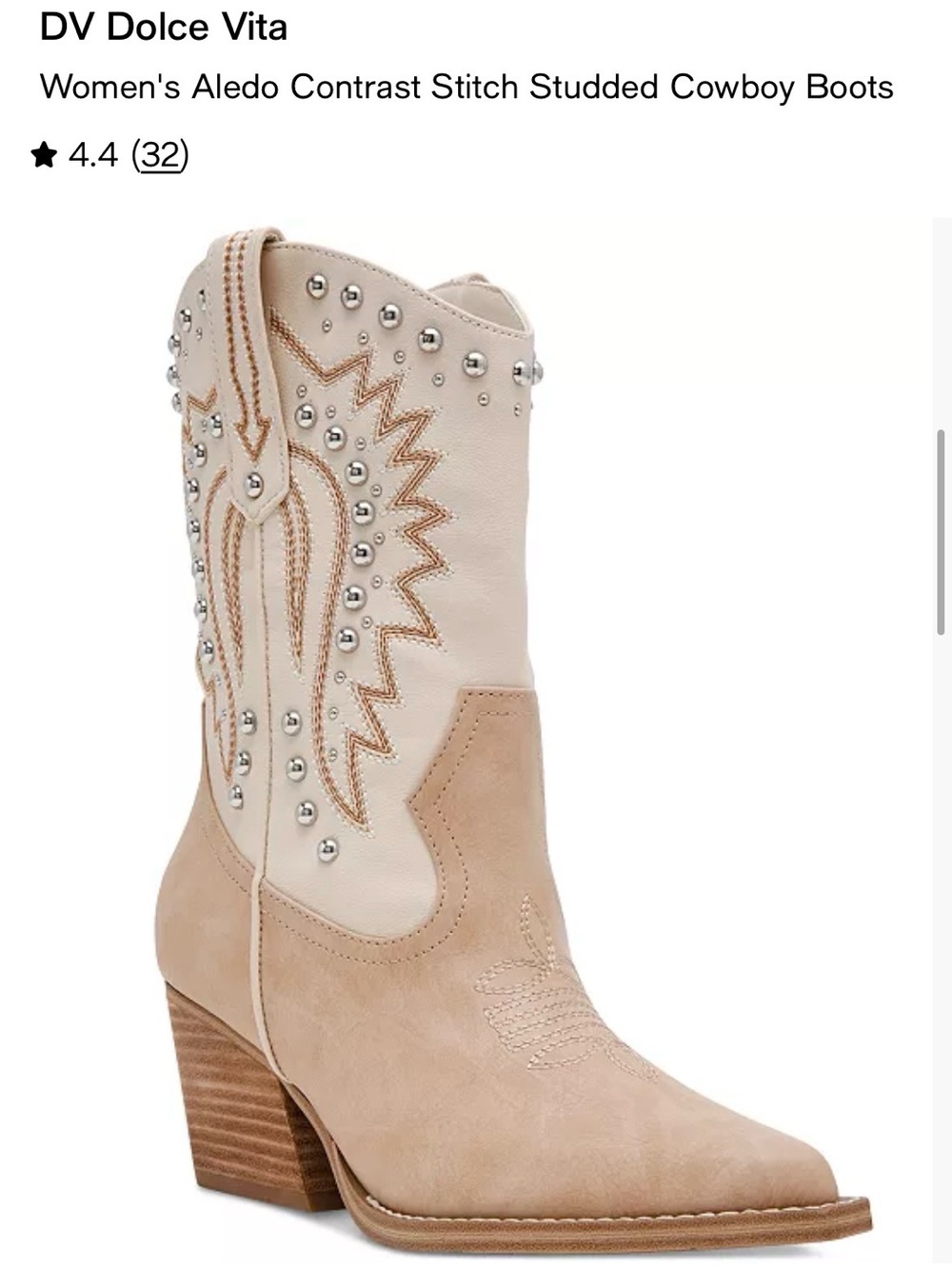NWOT DV by Dolce Vita Two-Tone Studded Western Heeled Boots - Cream/Tan